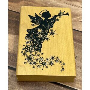 INKADINKADO 98644 ANGEL WITH HORN, SNOWFLAKES, & STARS WOOD MOUNTED RUBBER STAMP